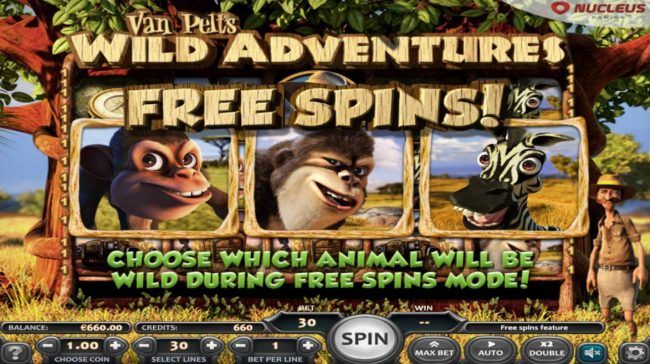 Free Spins feature triggered, choose which animal will be wild during free spins mode