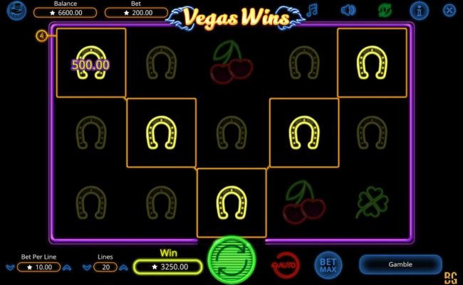 A 3250 coin mega win triggered by multiple winning horseshoe symbols