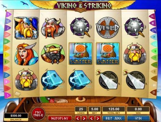 Main game board featuring five reels and 25 paylines with a $25,000 max payout