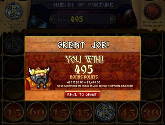 Bonus points earn during the Shields of Fortuneis 495 x original line bet pays out a 2,475.00 super win!