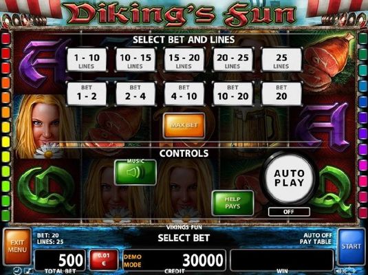 Select Bet and Lines - 1 to 25 Lines and 1 to 20 coins per line.