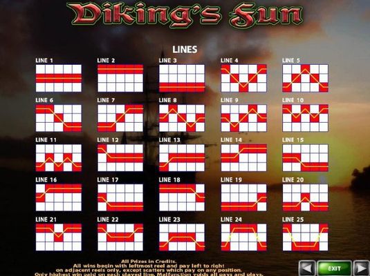 Payline Diagrams 1-25. All wins begin with the leftmost reel and pay left to right on adjacent reels only, except scatters which pay on any position.