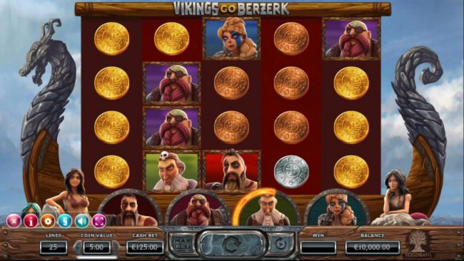 A Viking themed main game board featuring five reels and 25 paylines with a $50,000 max payout