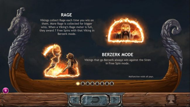 Rage and Berzerk Mode Rules - Vikings collect rage each time you win on them. Rage collected for bigger wins. Vikings that go Berzerk always win against the Siren in free spin mode.