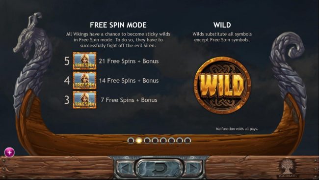 All Vikings have a chance to become sticky wilds in Free Spins mode. To do so, they have to successfully fight off the evil Siren. Wilds substitute all symbols except Free Spin symbols.