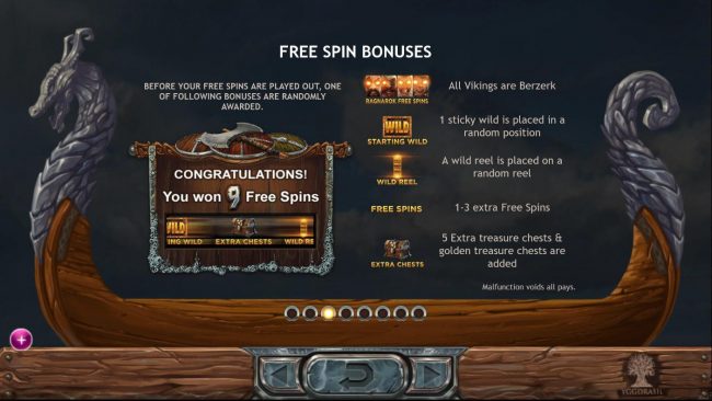 Free Spin Bonuses - Before your Free Spins are played out, one of the following bonuses are randomly awarded: Ragnarok Free Spins, Starting Wild, Wild Reel, Free Spins or Extra Chests.