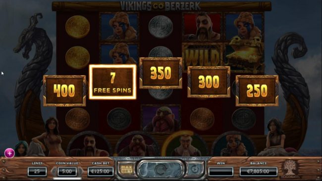 Golden Treasure Chest lands on 5th reel, giving the player a choice to select of of 5 prizes. Here the selection is 7 free spins.
