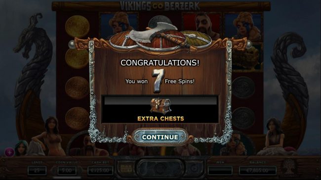 7 Free Spins awarded with Extra Treasure Chests added to the 4th and 5th reels.
