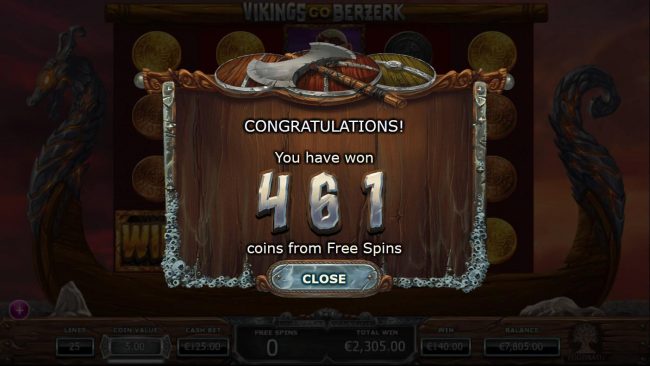 The Free Spins feature pays out a total of 461 coins.