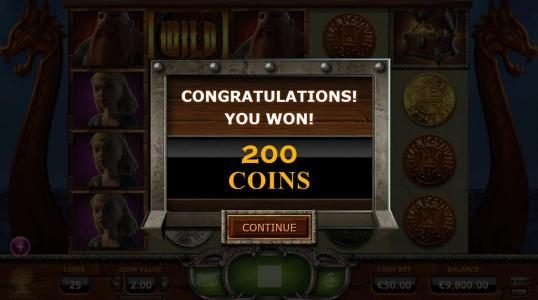 Treasure Chest symbol lands on the 5th reel awarding a 200 coin prize amount.