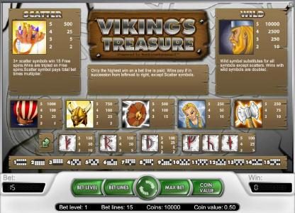 scatter, wild ans slot game symbols paytable with rules