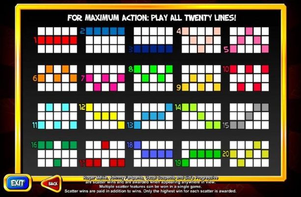 Payline Diagrams 1-20. For maxium action: play all 20 paylines.