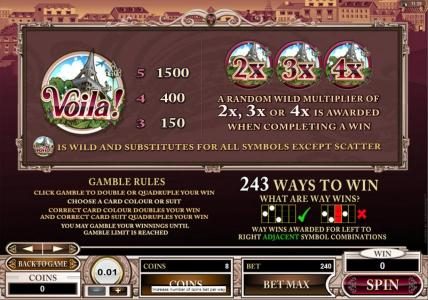 Wild Symbol Pays, Gamble Rules and 243 Ways to win rules