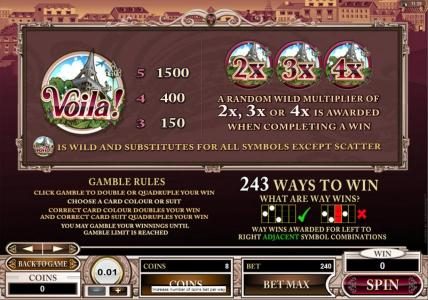 Wild Symbol Pays, Gamble Rules and 243 Ways to win rules