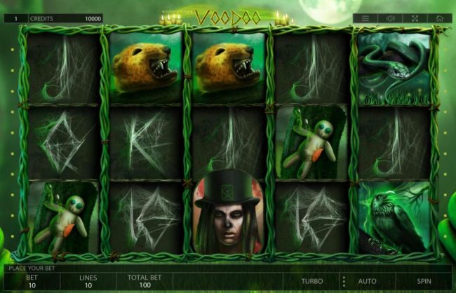 A black magic themed main game board featuring five reels and 10 paylines with a $100,000 max payout