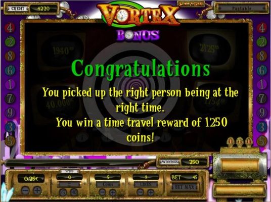 Player wins the time travel reward of 1250 coins!