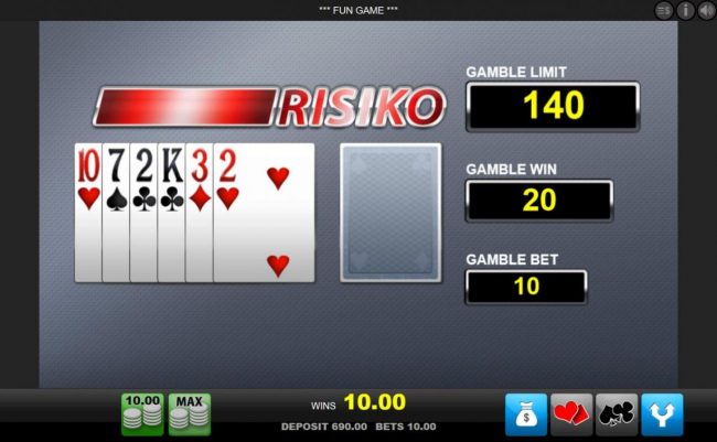 Risiko Gamble Feature - choose the color of the next card drawn. You can bet on red or black with the corresponding buttons.