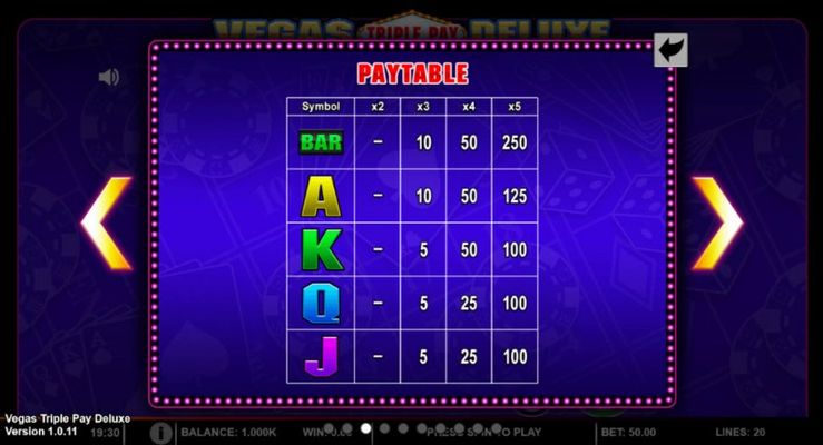 Vegas Triple Pay Deluxe :: Paytable - Low Value Symbols