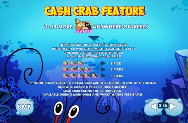 CrabCash Feature - 3 or more hermit crabs anywhere triggers Cash Grab Feature.
