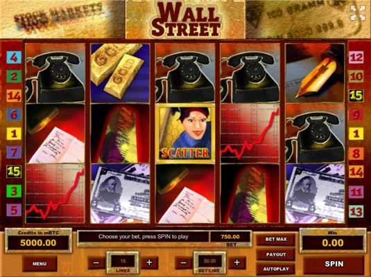 A Wall Street themed main game board featuring five reels and 15 paylines with a $500,000 max payout