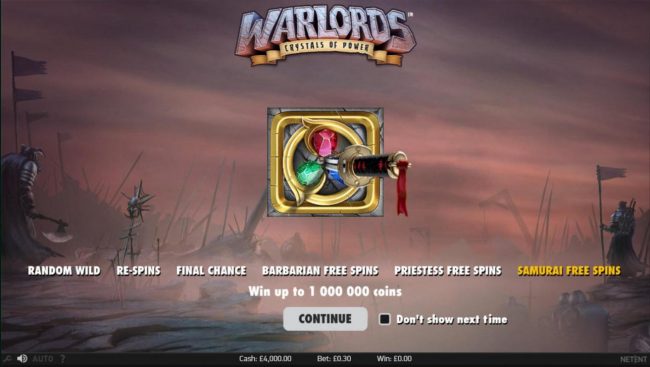 Game features include: Random Wild, Re-Spins, Final Chance, Barbarian Free Spins, Priestess Free Spins, and Samurai Free Spins