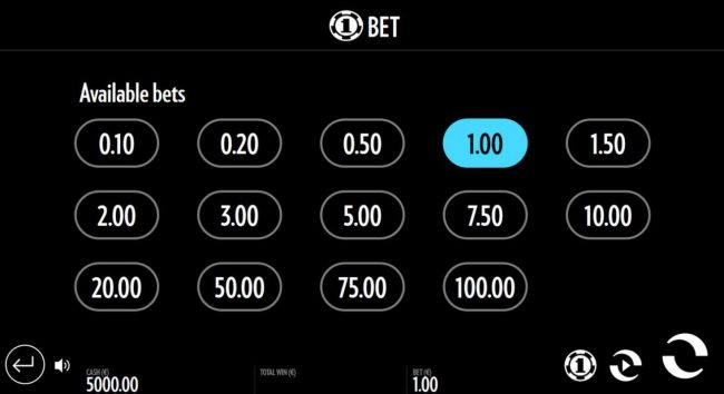 Available Bets - from 0.10 to 100.00