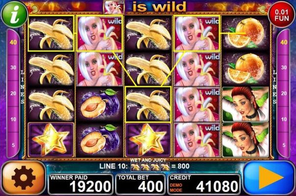 A 19200 coin mega jackpot win triggered by wild and banana symbol forming multiple winning combinations