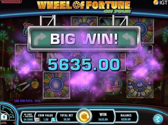 A 5635.00 big win is triggered by the Wheel Mobile Wild Feature.