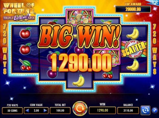 A 1290.00 big win paid out for playing the Triple Extreme Spin bonus feature.