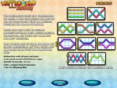 Payline diagrams 1 to 20 and general game rules.