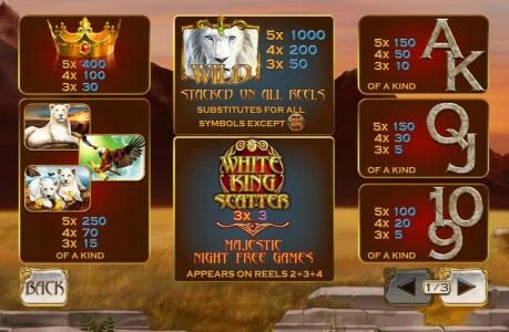 Slot game symbols paytable. The White Lion Wild is the highest value symbol on the game board. A five of a kind will pay 1,000 coins.