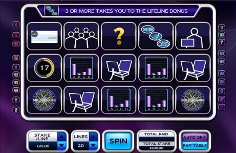 Main game board featuring five reels and 20 paylines with a $6,250 max payout