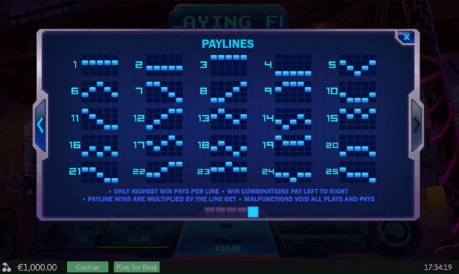 Payline Diagrams 1-25. Only highest win pays per line. Win combinations pay left to right. Payline wins are multiplied by the line bet.