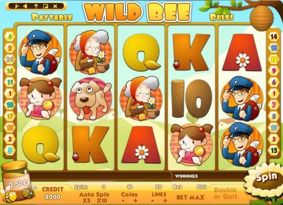 A honey bees themed main game board featuring five reels and 10 paylines with a $50,000 max payout