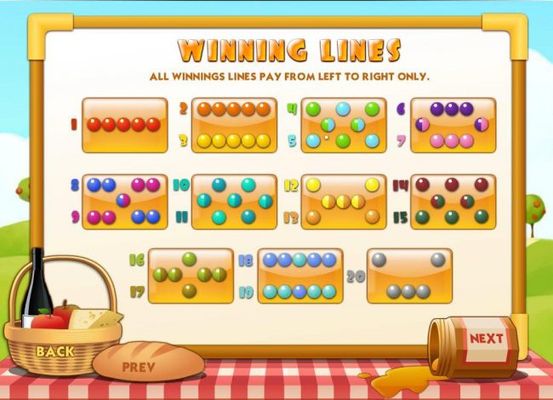 Payline Diagrams 1-20. All winning lines pay from left to right only.