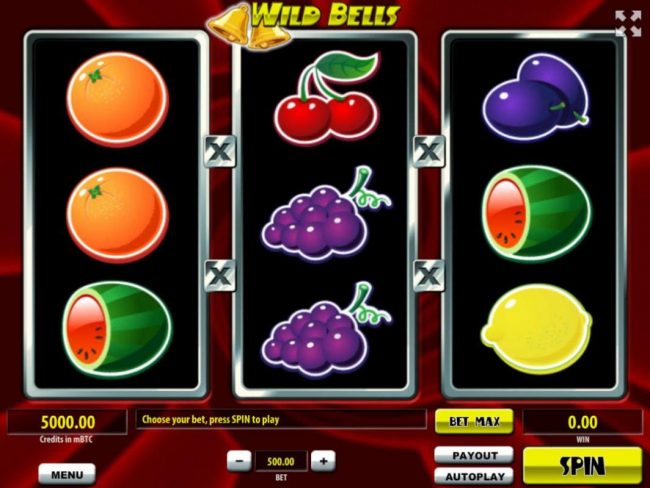A fruit themed main game board featuring three reels and 27 paylines with a $250,000 max payout