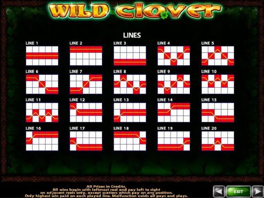 Payline Diagrams 1-20. All wins begin with the leftmost reel and pay left to right on adjacent reels only, except scatters which pay on any position.