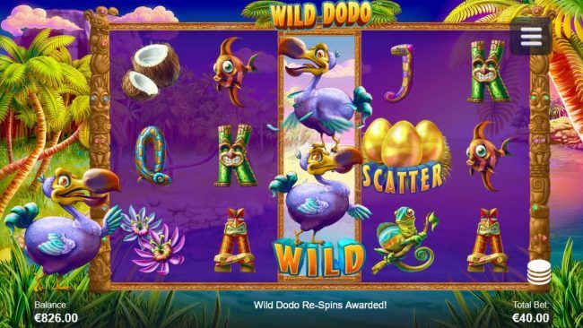 Wild Dodo Re-Spins activated when Dodo Wild symbol lands on the middle reel
