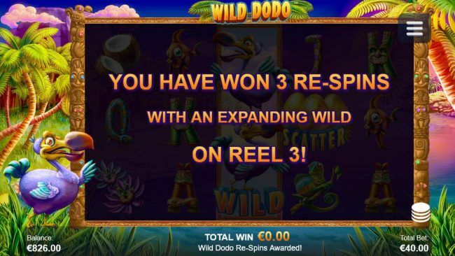 Player awarded 3 re-spins with expanding wild on reel 3