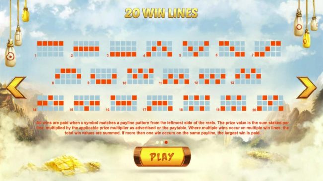 Payline Diagrams 1-20. All wins are paid when a symbol matches a payline pattern from the leftmost side of the reels.