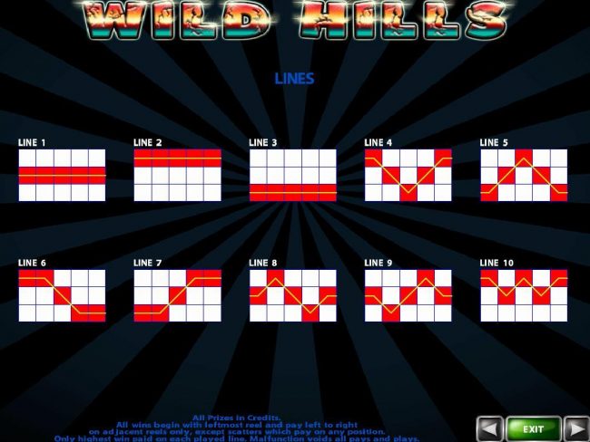 Payline Diagrams 1-10. All wins begin with the leftmost reel and pay left to right on adjacent reels only, except scatters which pay on any position.