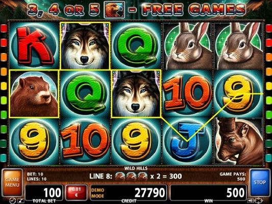Wolf wild symbols trigger a 500 coin jackpot win.