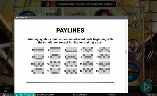 Payline Diagrams 1-20. Winning symbols must appear on adjacent reels beginning with the far left reel, except for scatter that pays any.