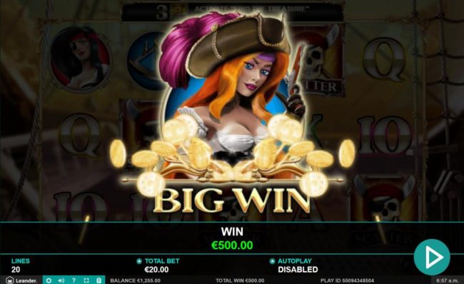 A 500.00 Big Win paid out to player.