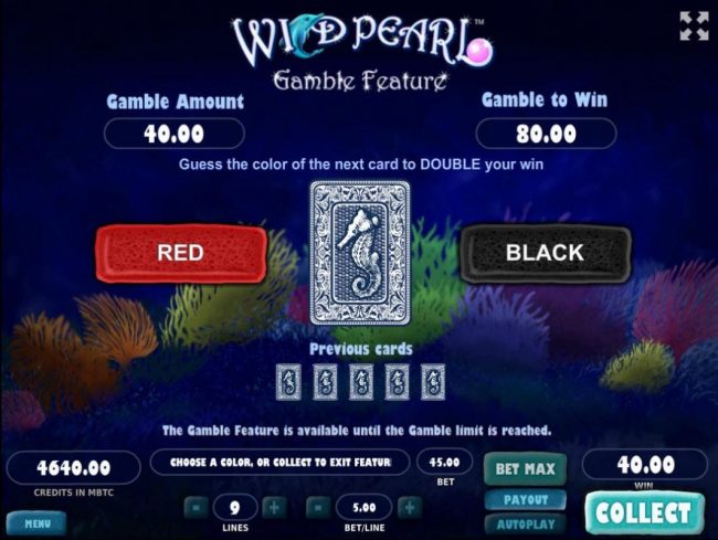 Gamble Feature - To gamble any win press Gamble then select Red or Black.