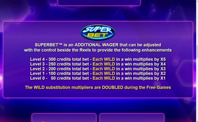 Superbet is an additional wager that can be adjusted with the control beside the reels to provide the following enhancements.