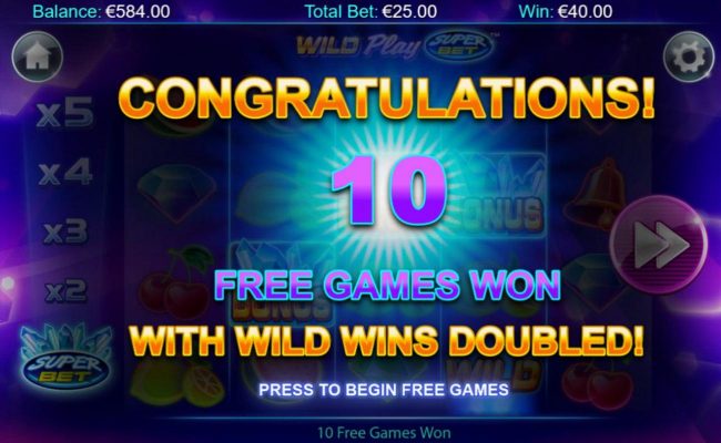 10 Free Games won with wild wins doubled.