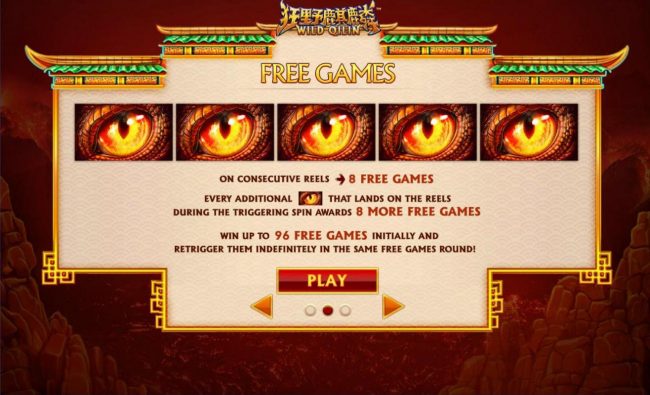 Five eye symbols on consecutive reels awards 8 free games