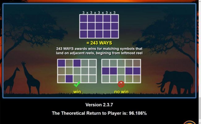 243 ways awards wins for matching symbols that land on adjacent reels, begining from the leftmost reel. The theoretical return to player is: 96.186%