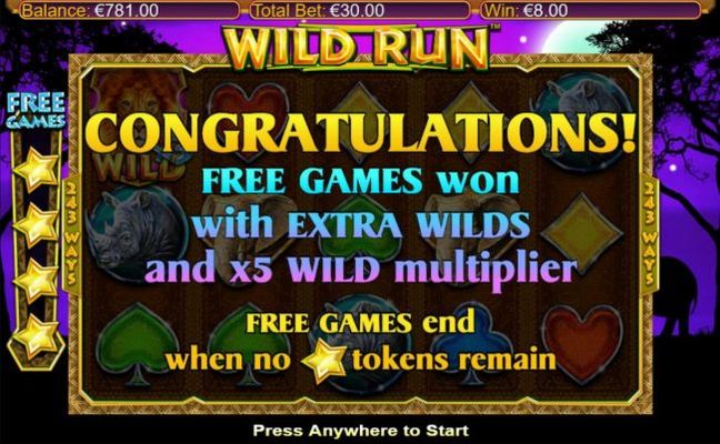 Free Games won with extra wilds and x5 multipliert! Free Games end when star tokens remain.